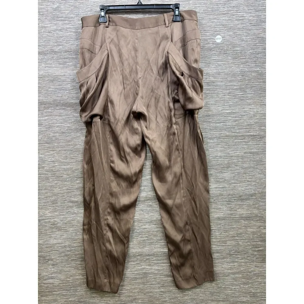 BCBGMAXAZRIA Pants Womens 12 Brown Satin Harem Pleated Draped Pockets Relaxed - Picture 2 of 8